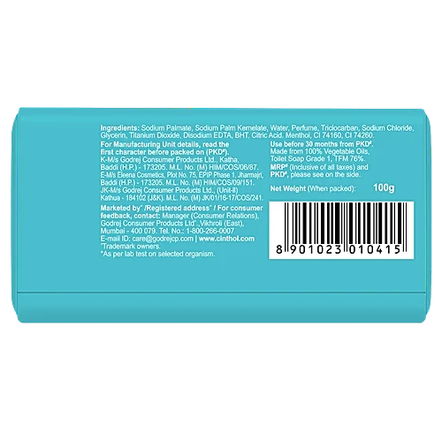 Cinthol Cool Menthol + Active Deo Fragrance Soap, 99.9% Germ Protection, 100 g Carton